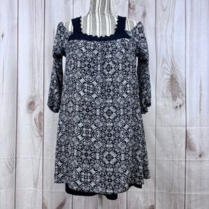 Xhilaration Cold Shoulder Mini Dress Lace Straps Geometric Black White Sz Large